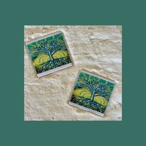 Ceramic Drink Coasters with Cork Bases-Tree of Life-2 Pieces